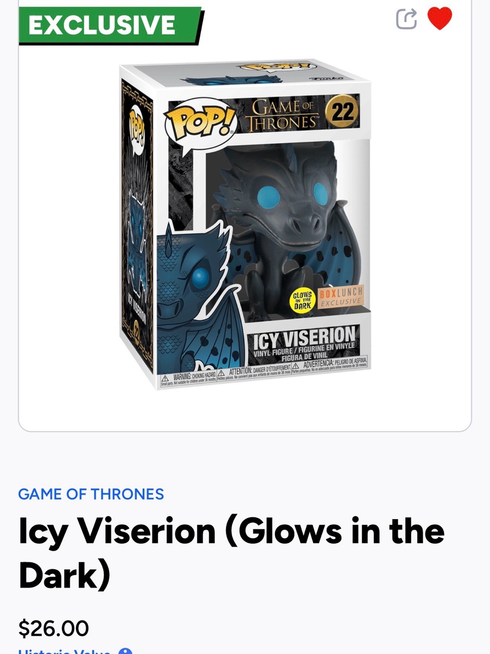 Funko Pop! Game of Thrones Icy Viserion - Black & Blue Glow Vinyl Figure-22